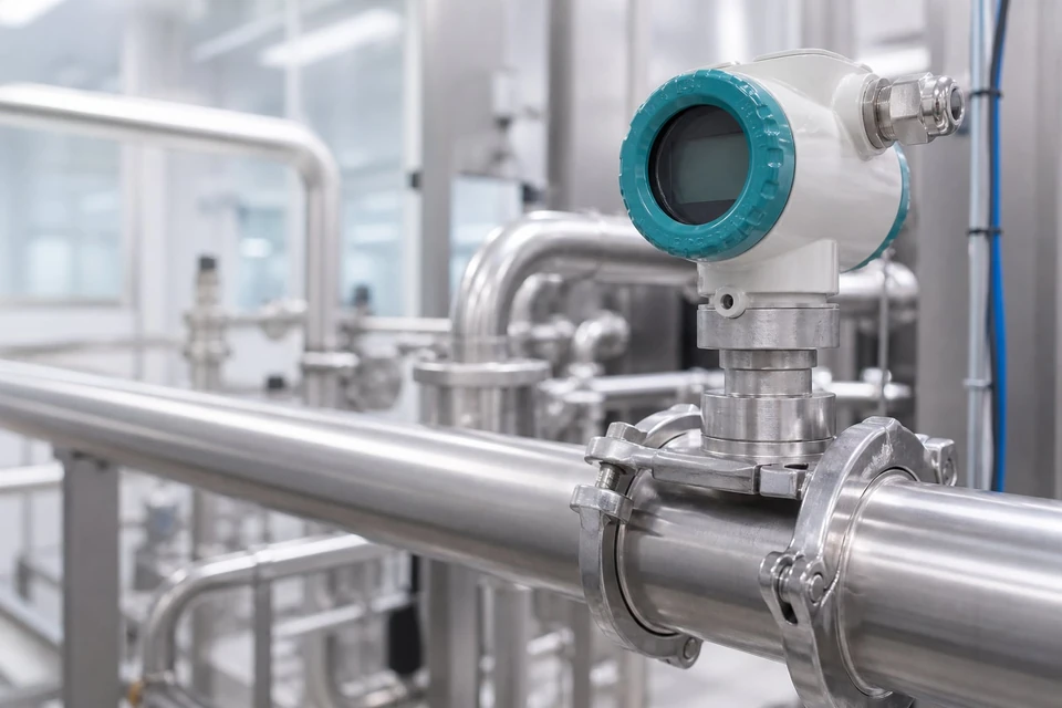 Flush-diaphragm pressure transmitter installed on a hygienic stainless-steel process line
