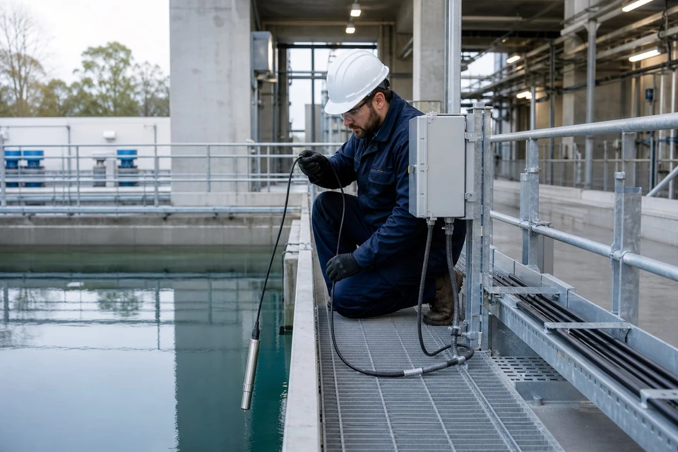Instrumentation technician commissioning a hydrostatic level transmitter at a water tank