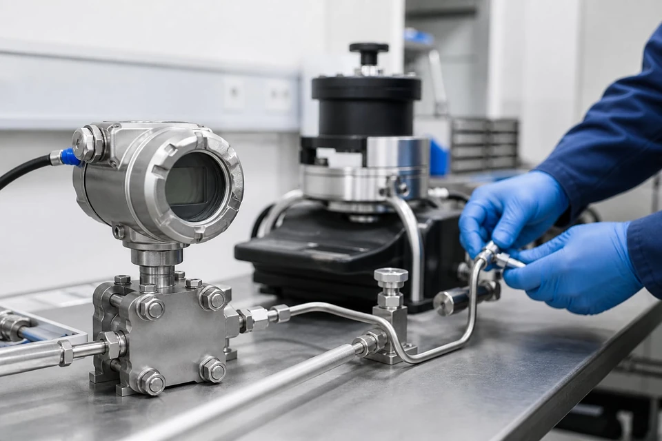 Pressure transmitter connected to precision reference equipment on a calibration bench