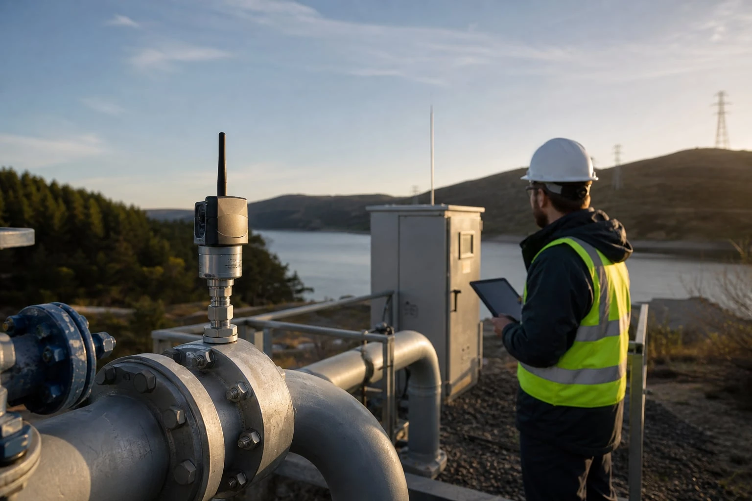 Battery-powered wireless industrial sensor installed at a remote pump station