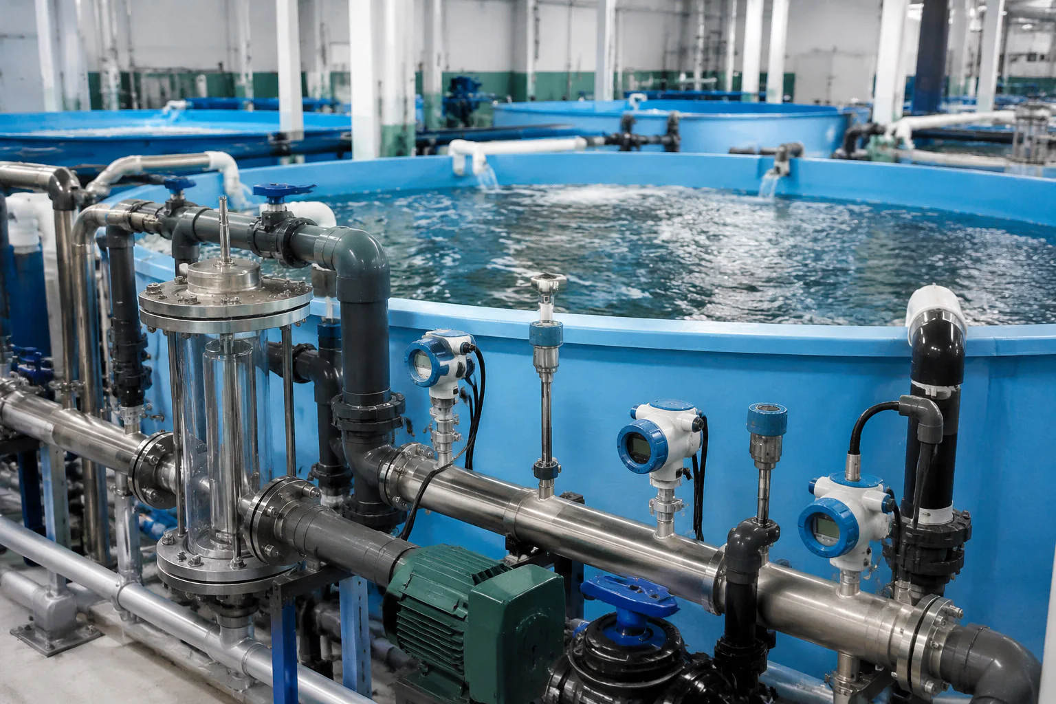 Water pressure and temperature monitoring in a recirculating aquaculture facility