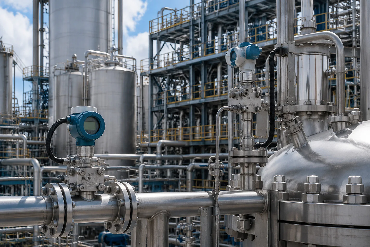 Process transmitters installed on vessels and piping in a chemical processing plant