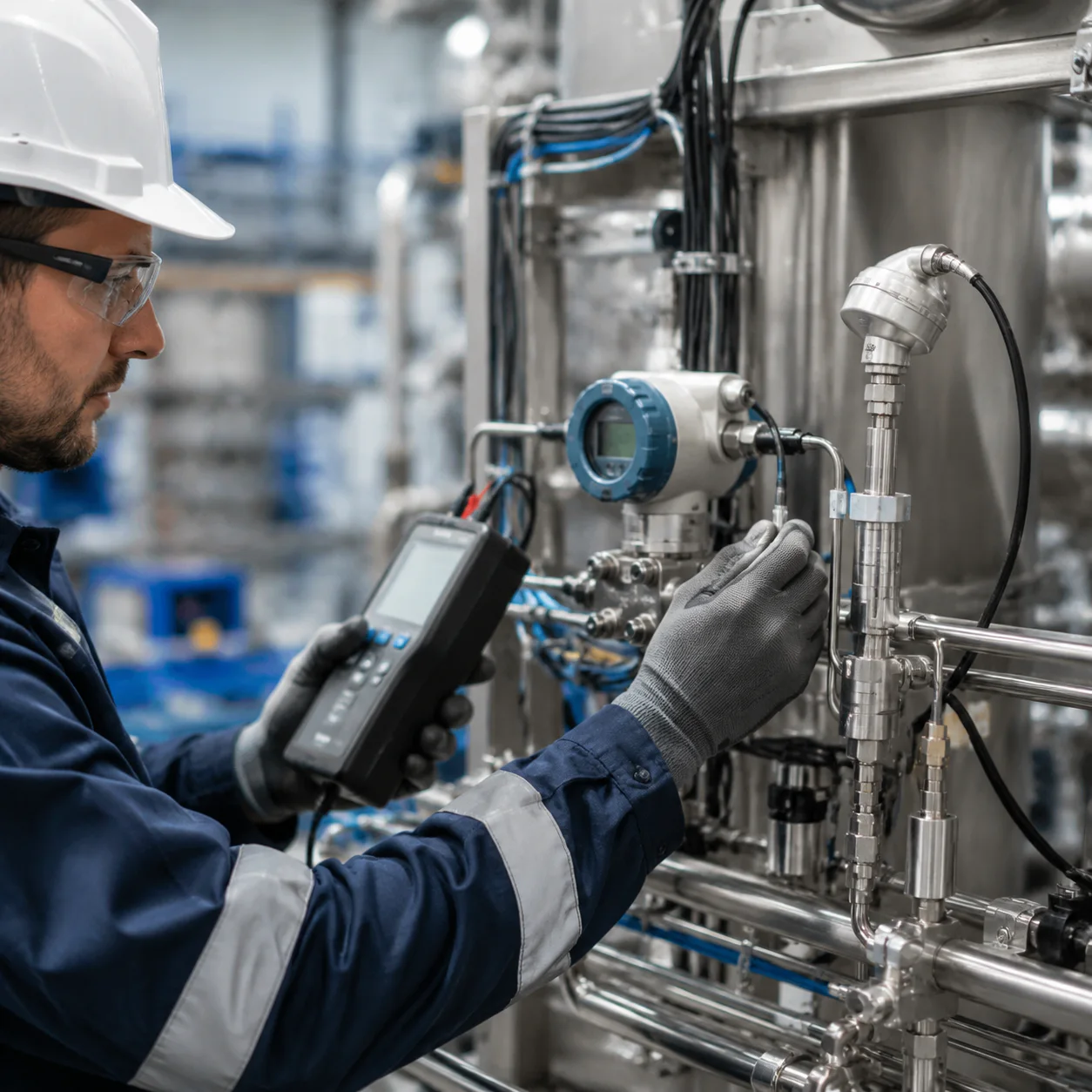 Instrumentation engineer commissioning a transmitter on an industrial process skid