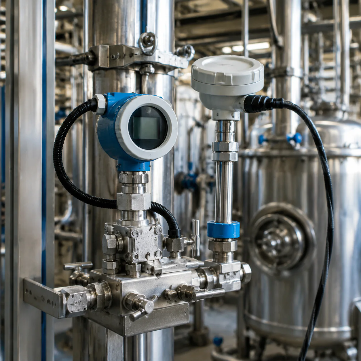 Temperature and pressure instruments installed on a stainless steel process measurement manifold